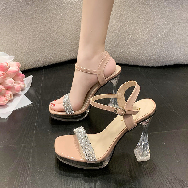 Sandalias casuales de moda con tacón grueso y tacón muy alto con hebilla y correa transparente con diamantes de imitación