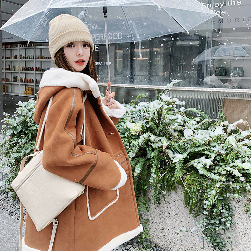 Women's Brown This Year's Popular Lamb Wool Coat