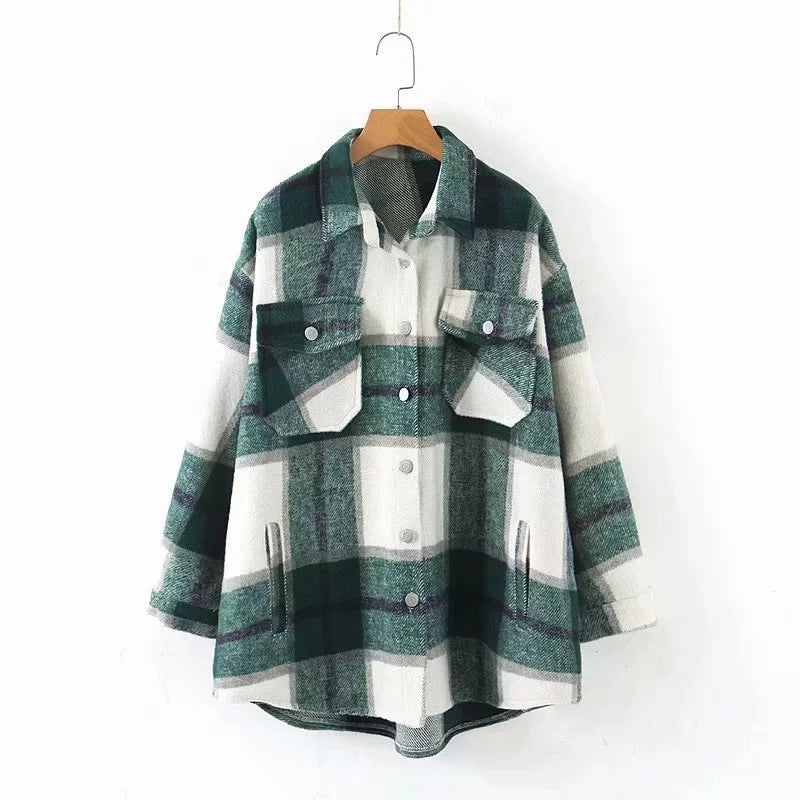 Casual Plaid Shirt Frauen Tweed Mantel Knöpfe Taschen Weibliche Jacke