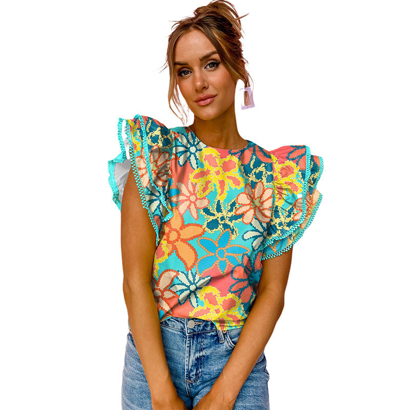 Jersey de manga con volantes Estilo informal Top de manga corta con estampado floral