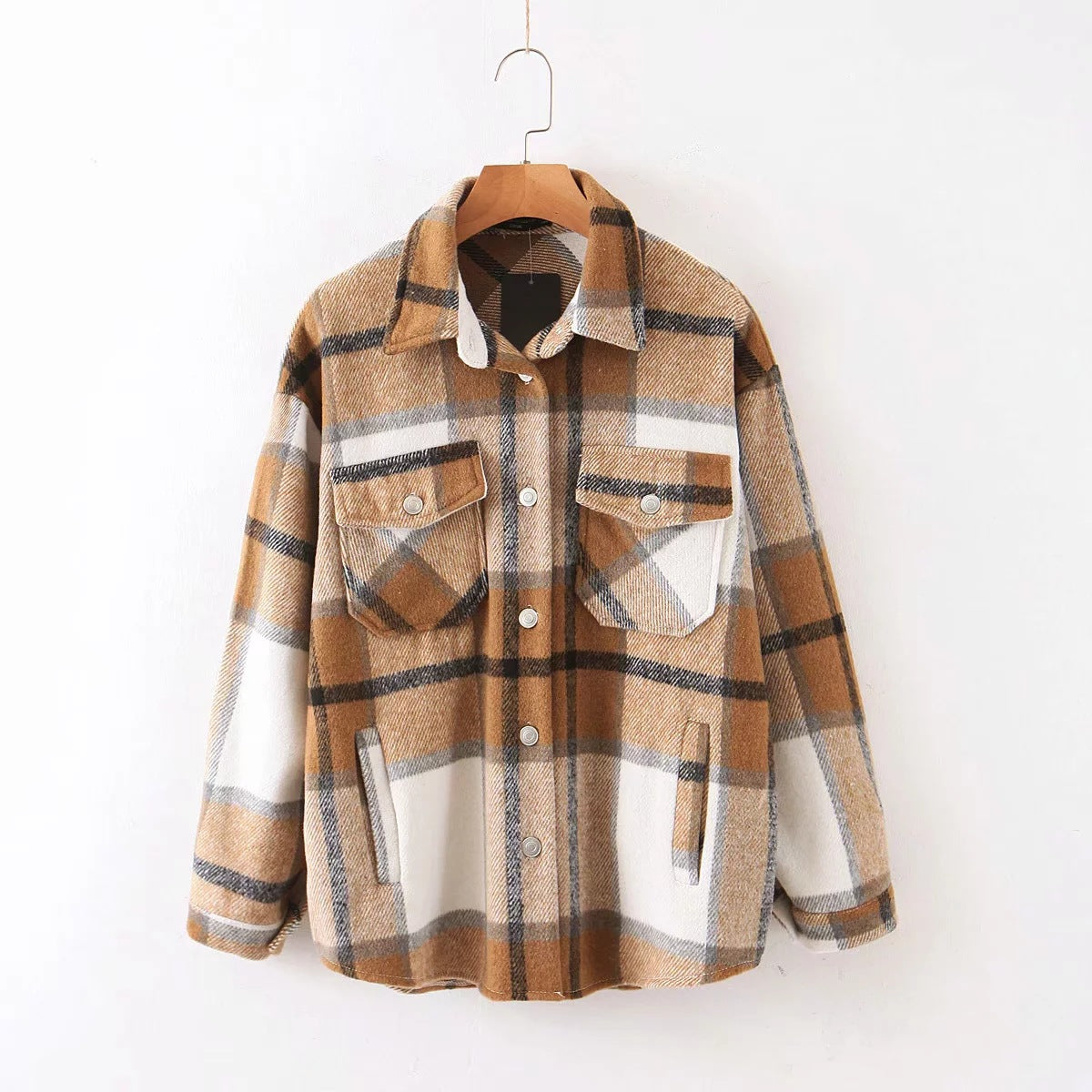 Casual Plaid Shirt Women Tweed Coat Buttons Pockets Female Jacket