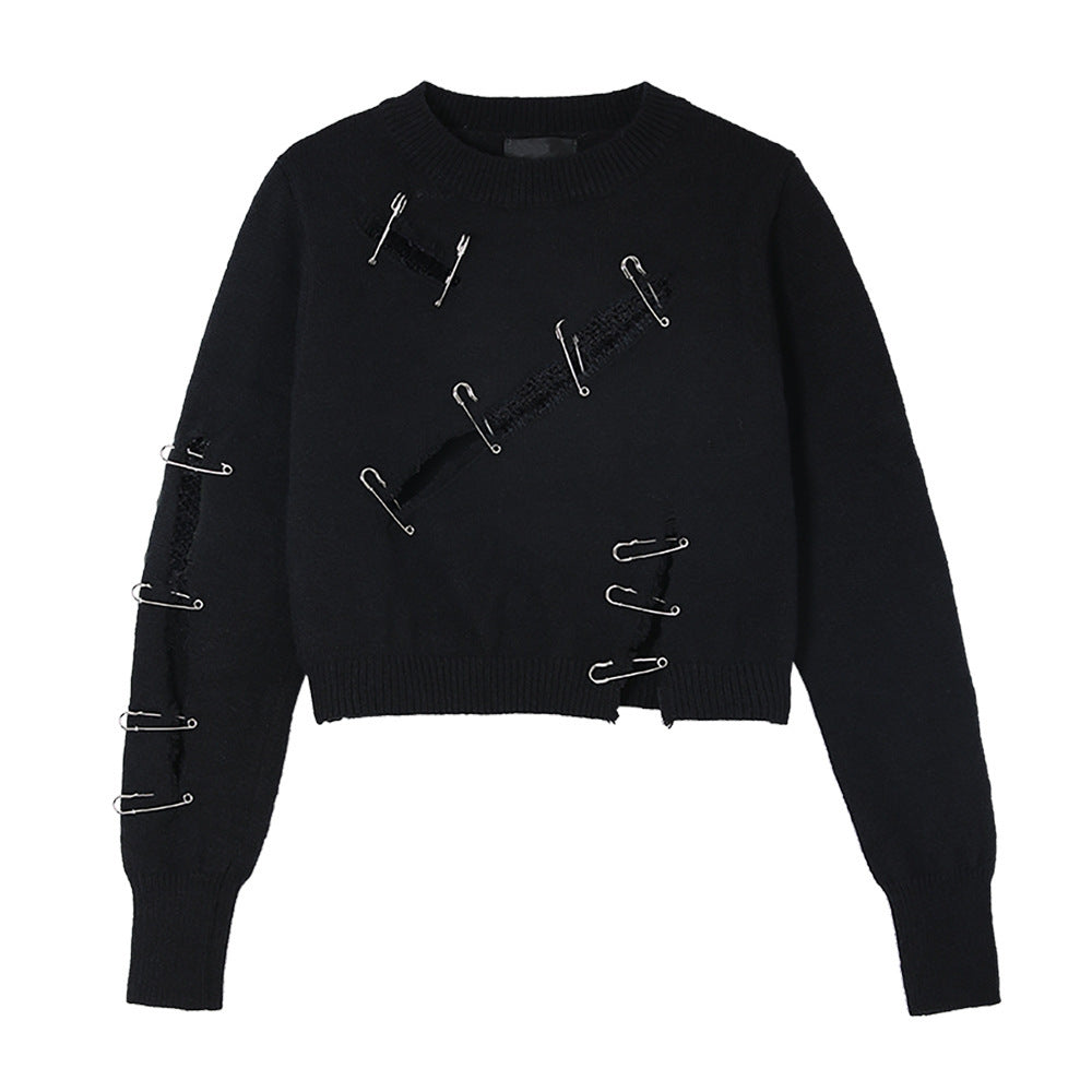 Autumn Crew Neck Long Sleeve Ripped Decorative Pin Knitwear Top