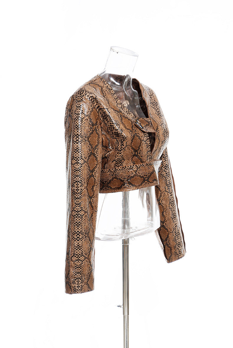 Snakeskin Pattern Pu Short Fashion Casual Short Coat Leather Jacket