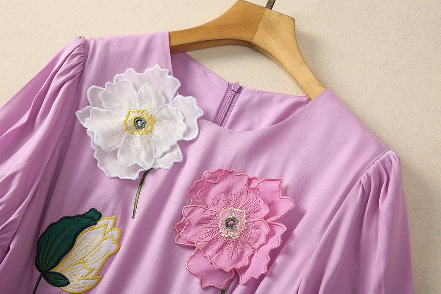 Three-dimensional Stickers Flower Waist-tight Round Neck Short Sleeve Dress
