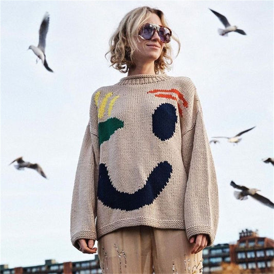 Christmas Smiley Knitted Sweater Women's Long-sleeved Round Neck Yarn-dyed Printed Top Women's