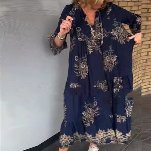 Vestido de manga larga con botones y cuello en V con estampado bohemio