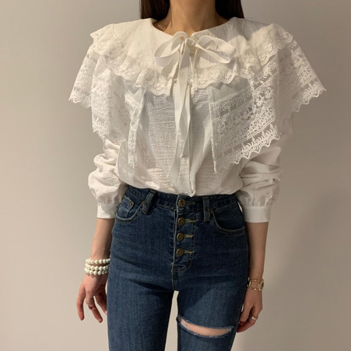 Double-layer Ruffled Lace-up Spring Loose All-match Shirt For Women