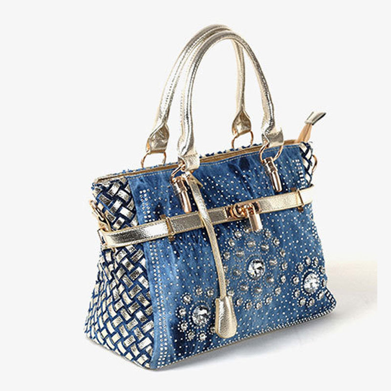 Female Inlaid Glass Rhinestone Small Buckle Lock Denim Single Shoulder Messenger Bag