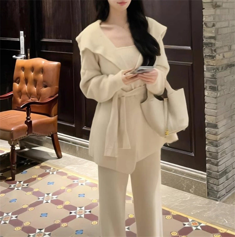 Autumn And Winter Knitting Short Coat Wide Leg Pants Three-piece Set