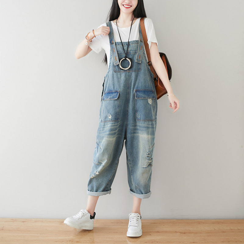 Retro-Harems-Jumpsuit aus Denim für Damen in Übergröße