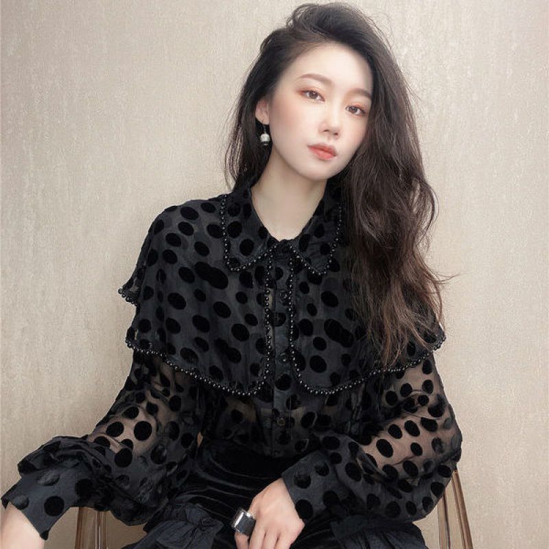 Hollow Sexy Polka Dot Velvet Shirt Women Pearl Cloak Loose Slim Top