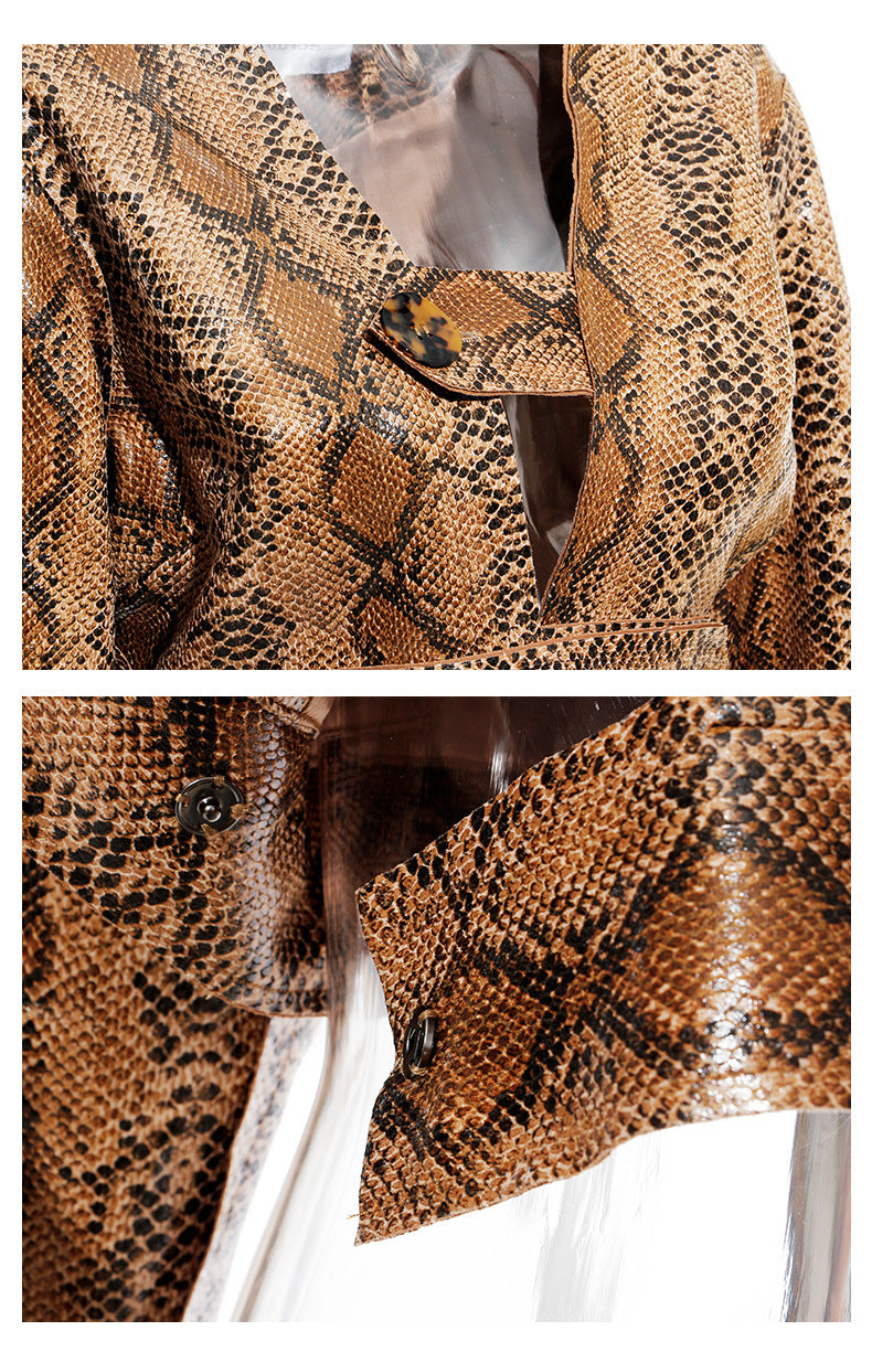 Patrón de piel de serpiente Pu corto moda casual abrigo corto chaqueta de cuero