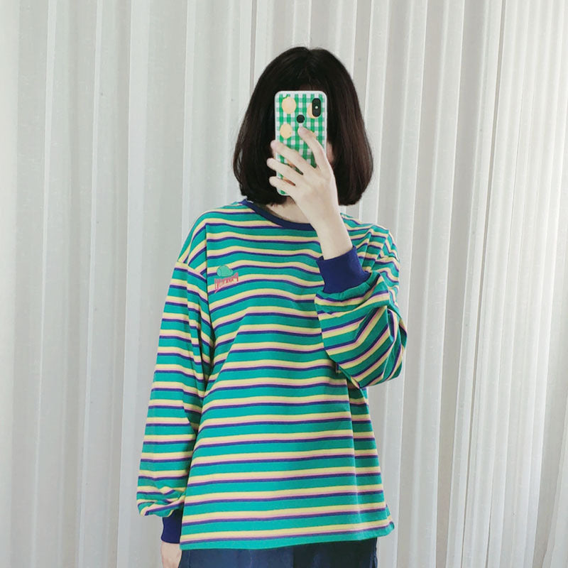 Striped Long Sleeve Top Women's T-Shirt Student Round Neck Pullover Sweater