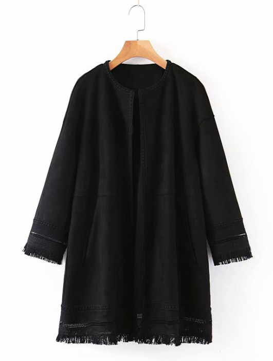 Za manteau de mode femmes noir daim gland vintage patchwork long manteau cardigan tribal vent simple creux dentelle veste
