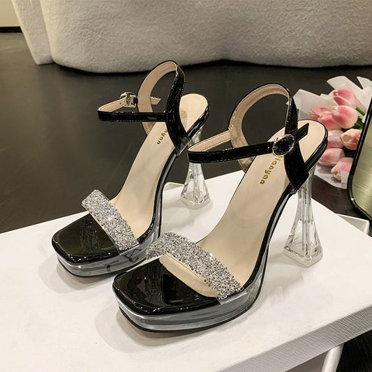 Sandalias casuales de moda con tacón grueso y tacón muy alto con hebilla y correa transparente con diamantes de imitación