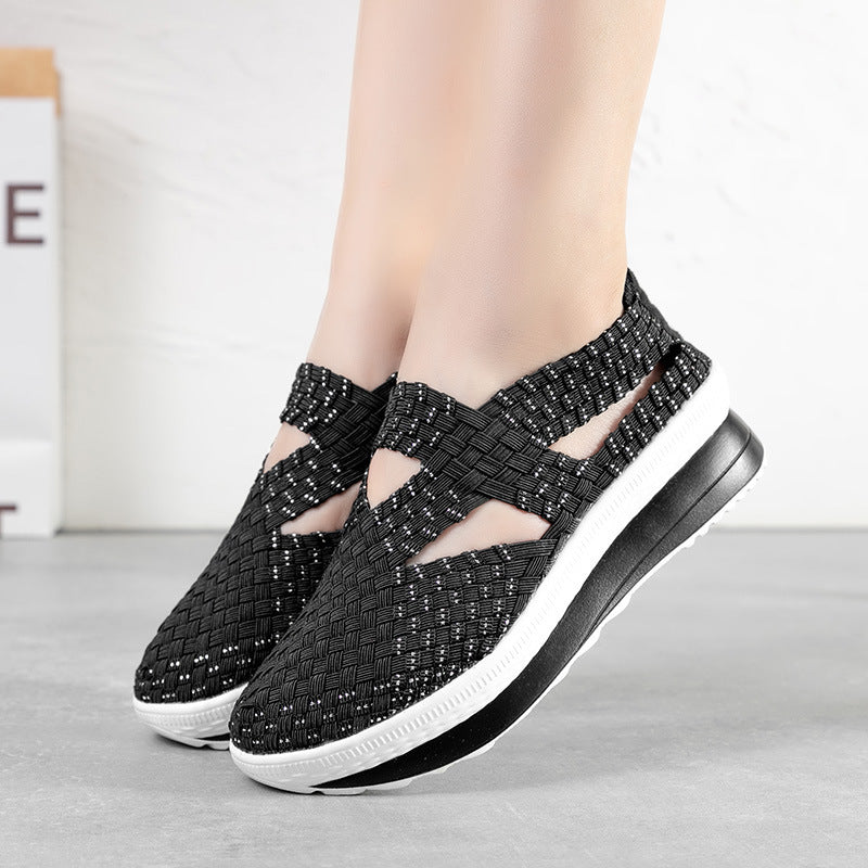 Elastic Fabric Woven Thick Bottom Female Sneaker Lazy Height Increasing