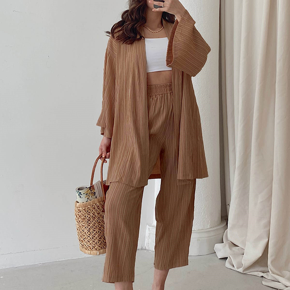 Early Autumn New Camel Casual Suit European And American Women's Long Sleeve Cardigan Top Straight-leg Pants Home Wear Two-piece Suit