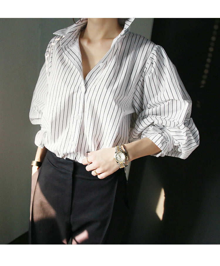 Black and White Striped Loose Blouse