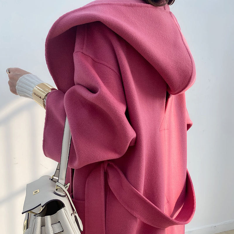 Abrigo de cachemir con capucha reversible rojo rosa para mujer de longitud media