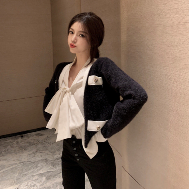 Top New Contrast Color Knitted Sweater Coat With Western Style Bow Shirt
