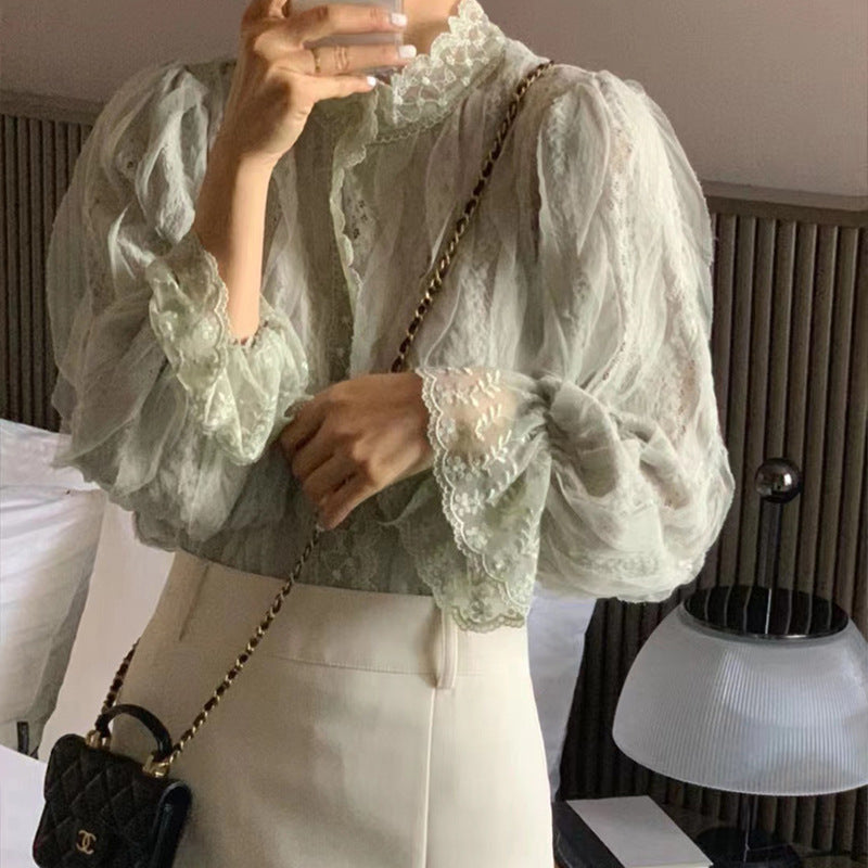 Elegant Temperament Lace Lace Puff Sleeve Stand Collar Shirt Women