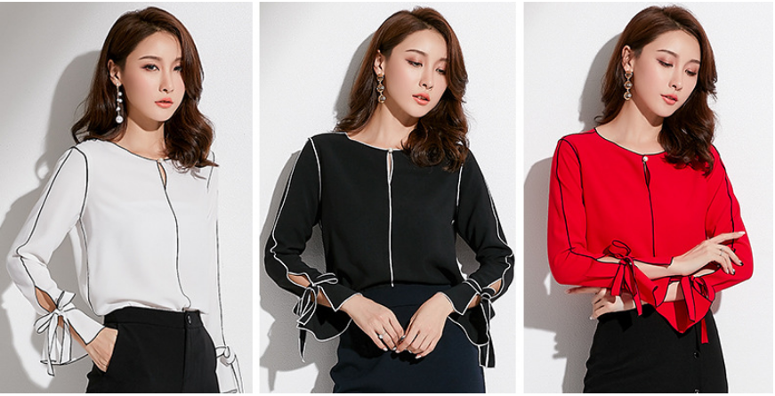 Primavera nueva marca versión coreana de las mujeres de la camisa de manga larga con cuello redondo temperamento femenino contraste color vendaje camisa de gasa con cuentas 