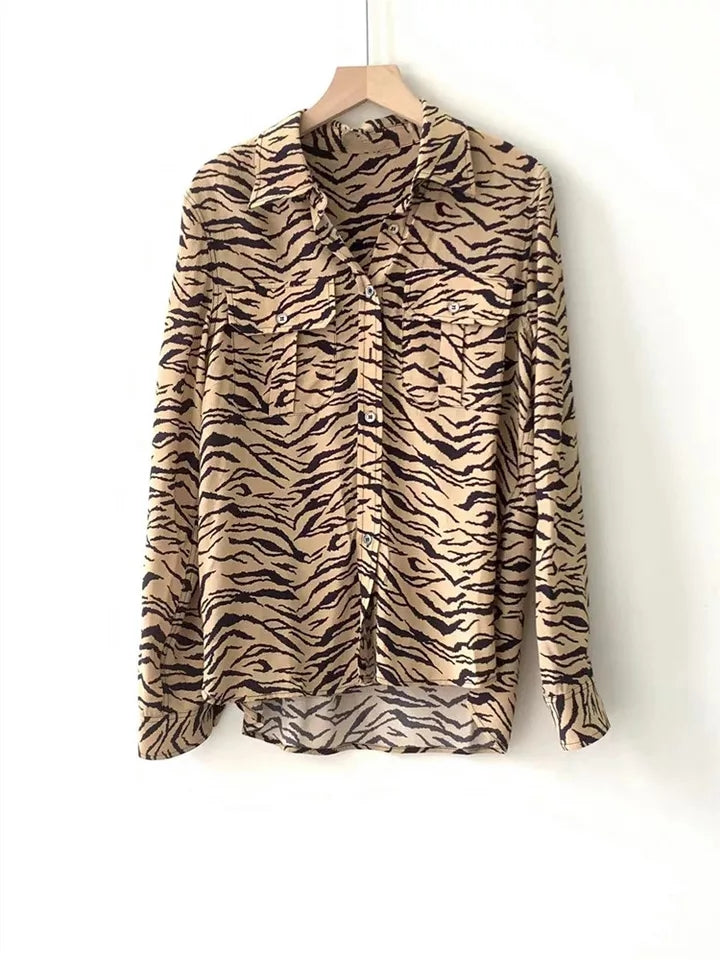 French Women's Early Autumn Tiger Pattern Pocket Long-sleeved Shirt