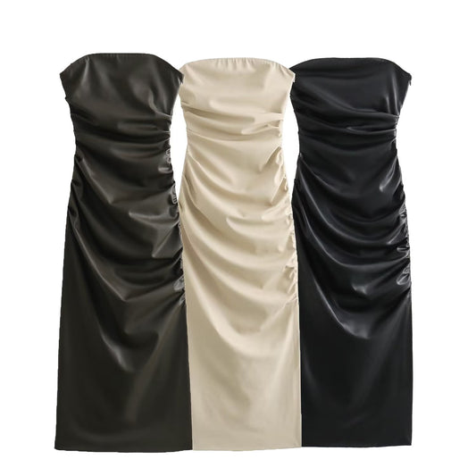 Women's Tube Top Imitation Leather Long Dress