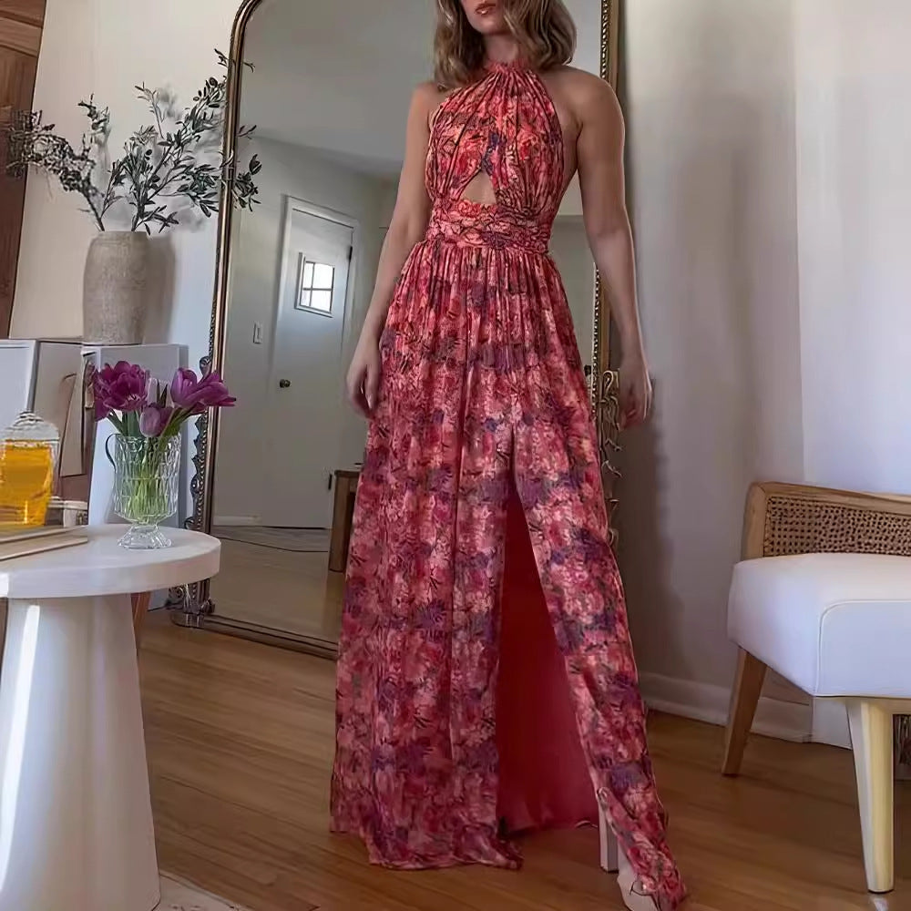 Vestido de manga plisada de encaje con cuello cruzado estampado de moda de verano