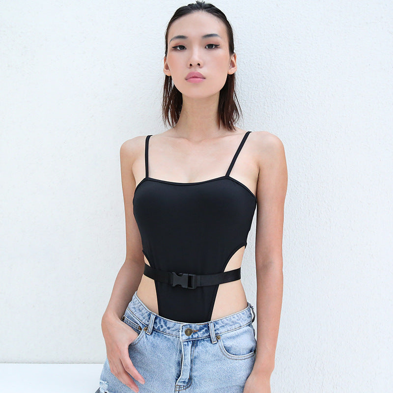 High waist strap school bag buckle jumpsuit