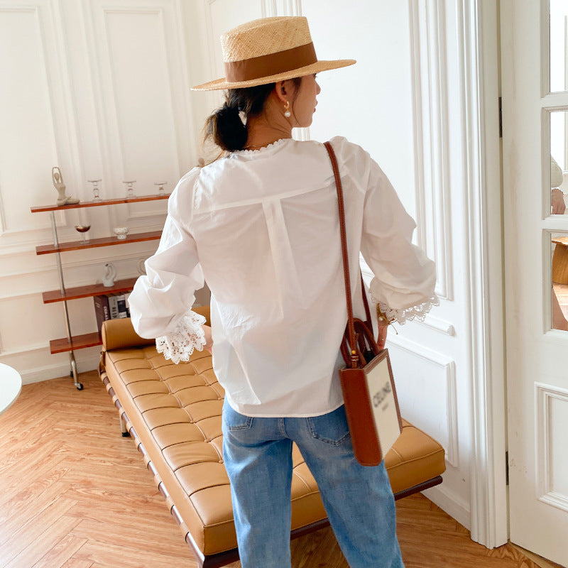 Blusa de temperamento con camisa de encaje para mujer de diseño francés