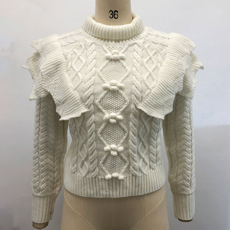 Rollkragenpullover mit Nähten für Damen, reinweiß, modischer Pullover mit Rüschen