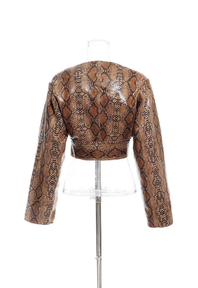 Snakeskin Pattern Pu Short Fashion Casual Short Coat Leather Jacket