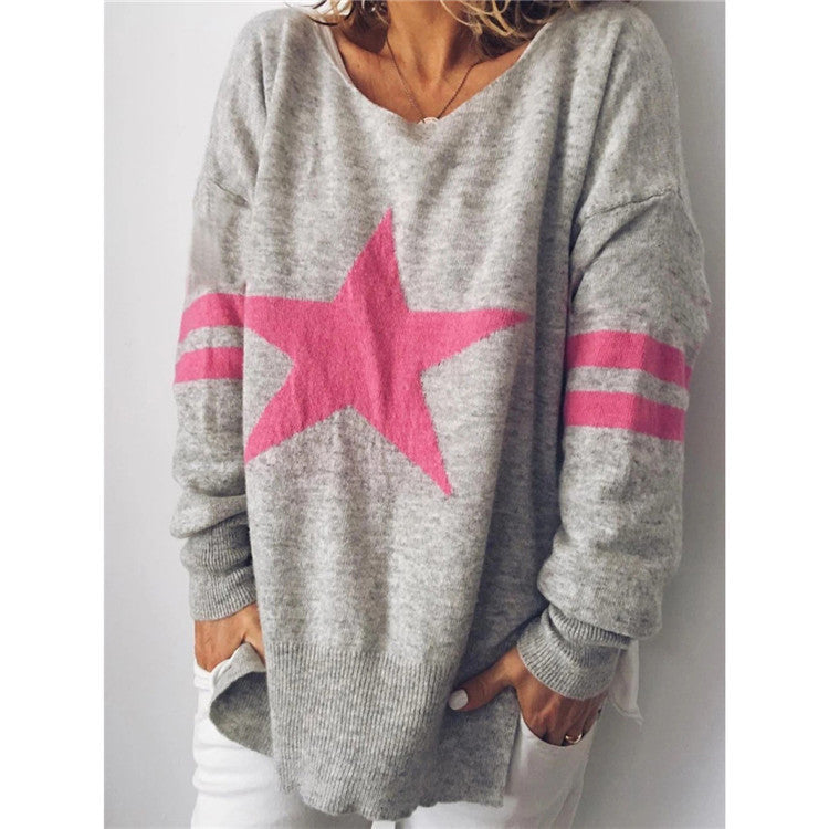 Jersey de punto europeo y americano con estrella de cinco puntas, chaqueta dividida de manga larga con cuello en V, ropa de invierno