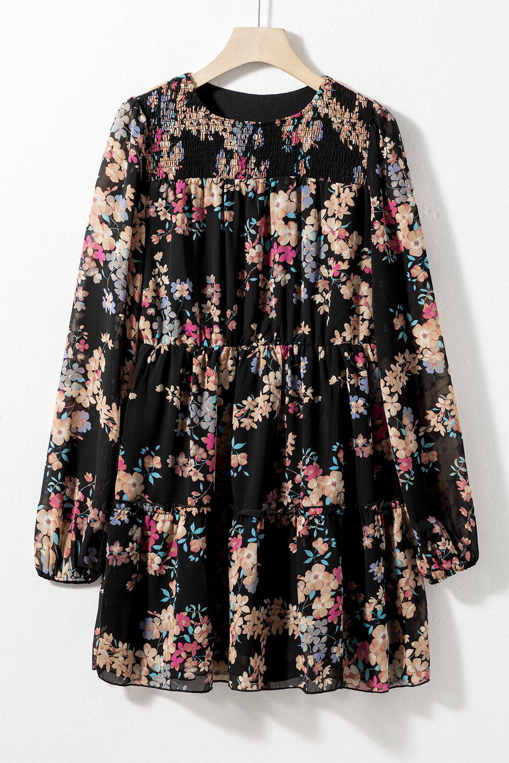 Black Floral Smocked Round Neck Ruffle Tiered Dress