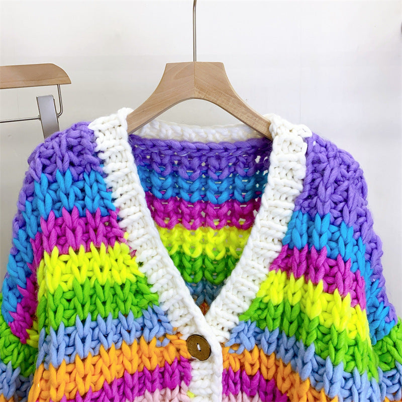 Handgewebter Pullover mit Regenbogen-Farbblockierung für Damen