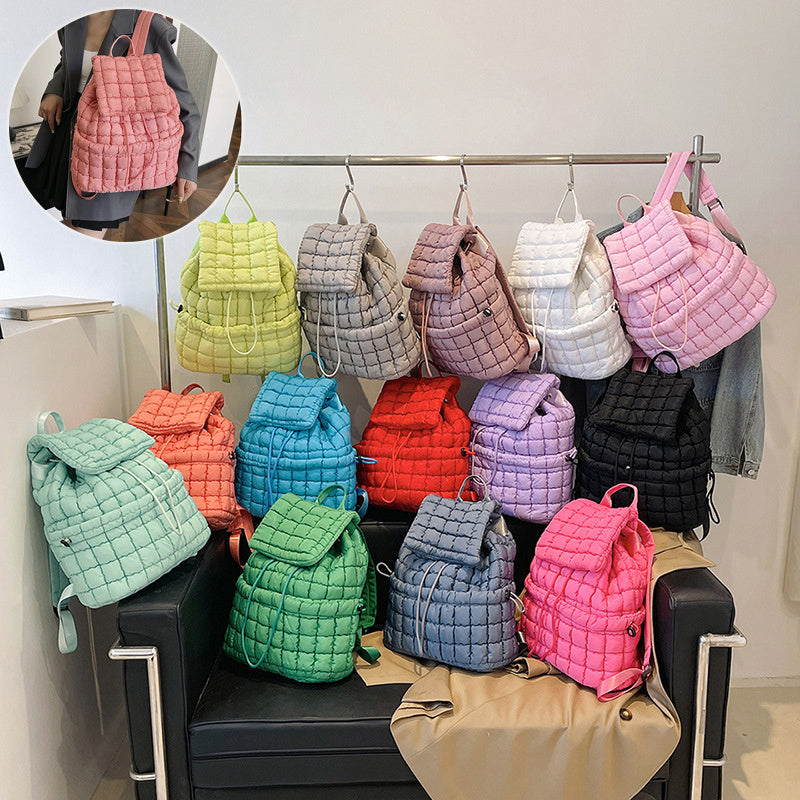 Mochila acolchada de color caramelo para mujer, bolso escolar acolchado de plumón, mochila grande de viaje de algodón, bolso de hombro a cuadros para mujer