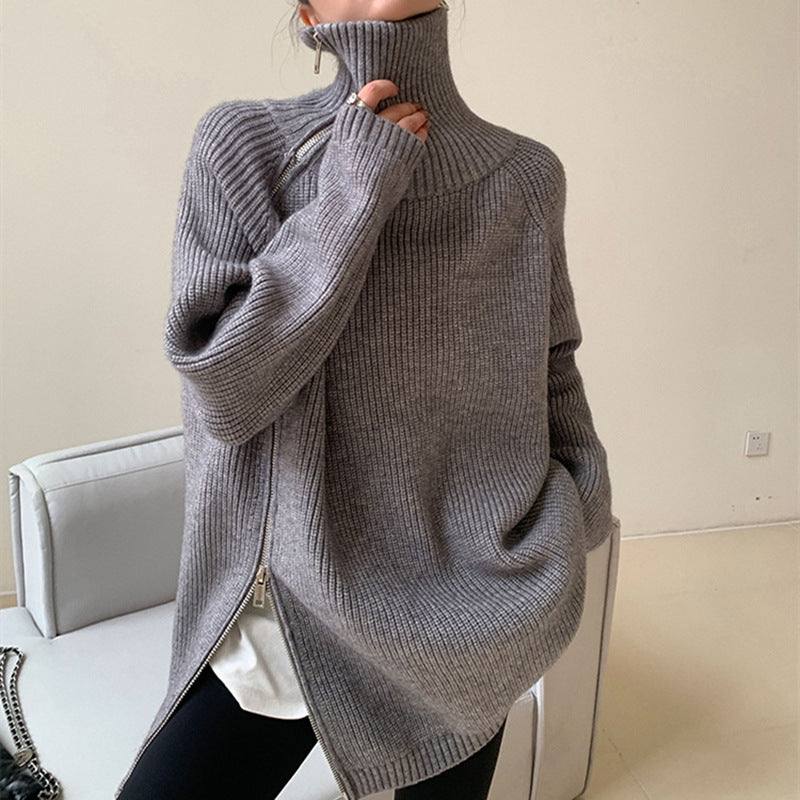 Asymmetrischer Rollkragenpullover mit Reißverschluss für Damen