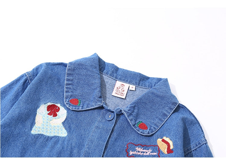 Childlike cute blue denim long sleeve shirt shirt women