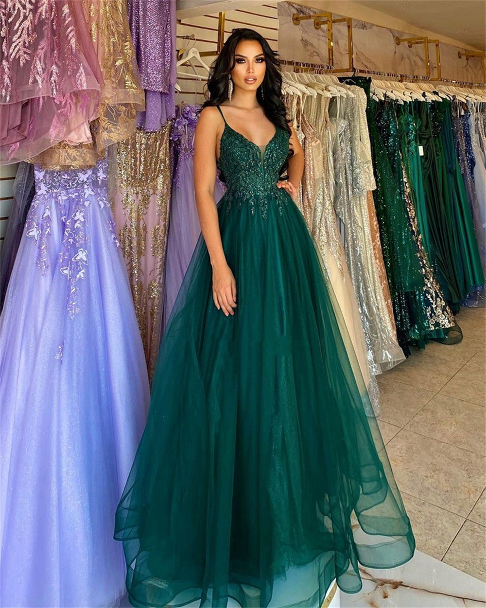 Vestido de noche para anfitriona de banquete de color verde oscuro