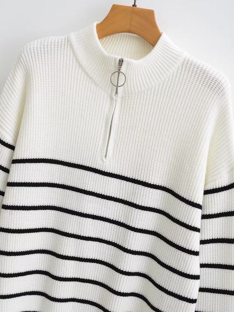Women's Zipper Striped Sweater Contrast Color