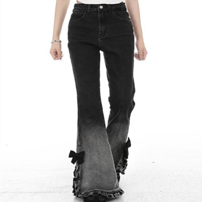 Damen Sommer Jeans im amerikanischen Retro-Stil mit Schlitz und leicht ausgestelltem Farbverlauf