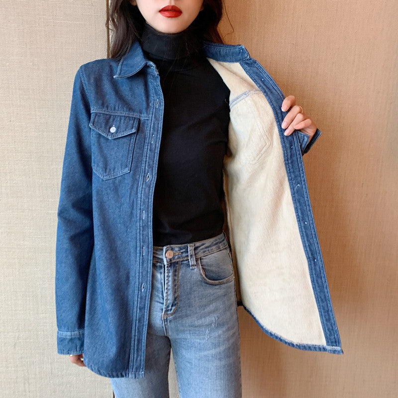 Women's Plus Velvet Denim Shirt With Loose Denim Jacket And Autumn Shirt All-match