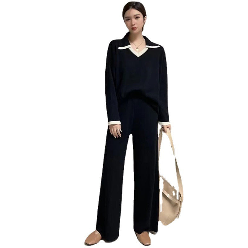 Contrast Color Pullover Loose Niche Casual Wide-leg Pants For Women Knitting Suit