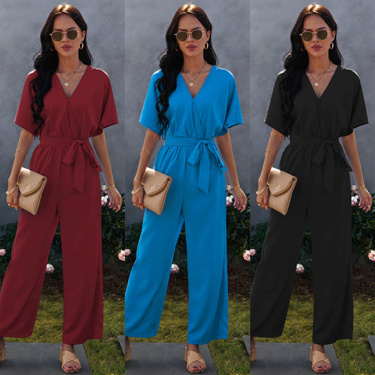 European And American V-neck Women's Tie Waist Solid Color Jumpsuit