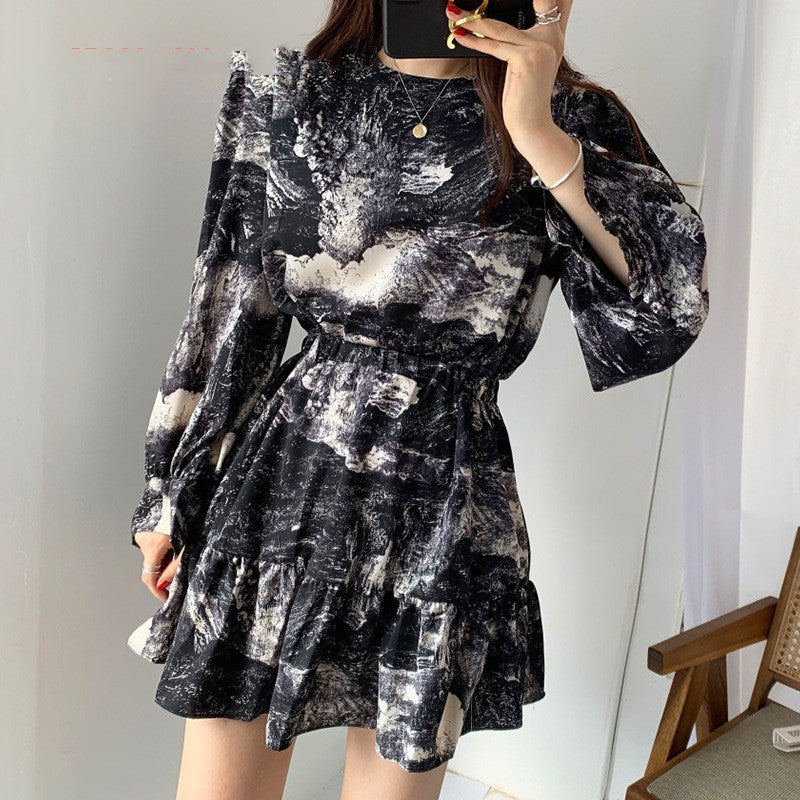 Elegant Temperament Ink Printing Design Round Neck Slim High Waist Lantern Sleeves Ruffled Dress