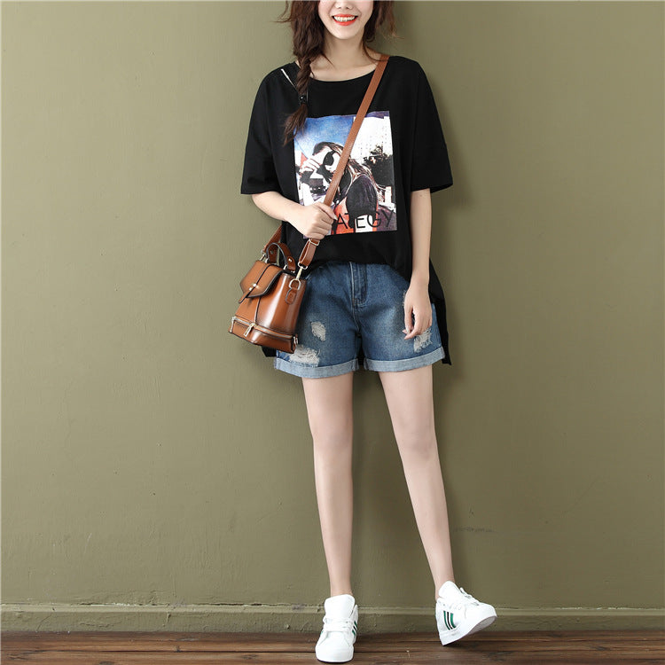 summer new student jacket t-shirt large size loose long cotton short-sleeved T-shirt female