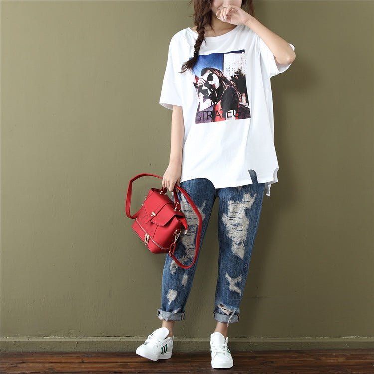 summer new student jacket t-shirt large size loose long cotton short-sleeved T-shirt female