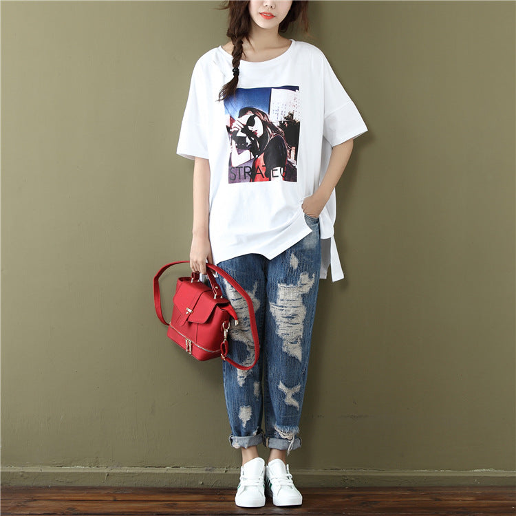 summer new student jacket t-shirt large size loose long cotton short-sleeved T-shirt female