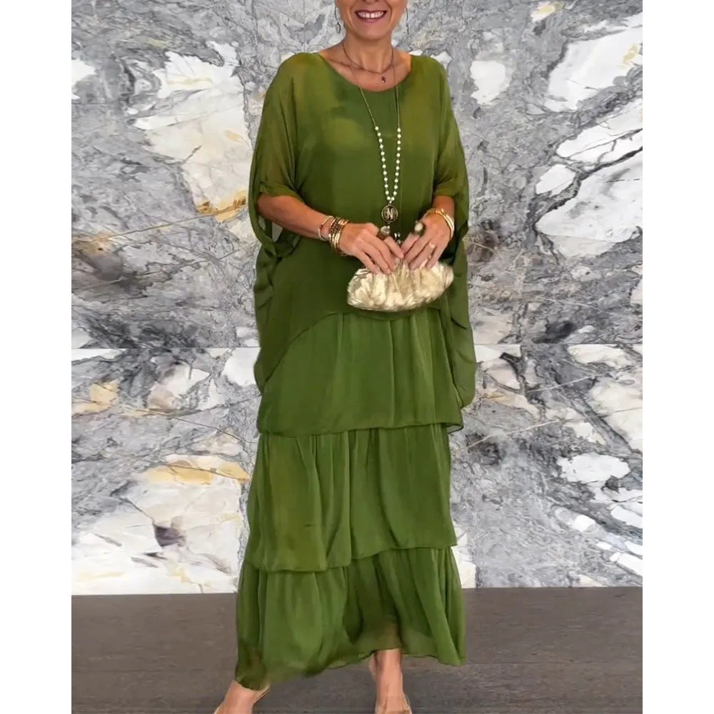 Damenmode-Temperament-Kleid mit Rundhalsausschnitt und Fledermausärmeln